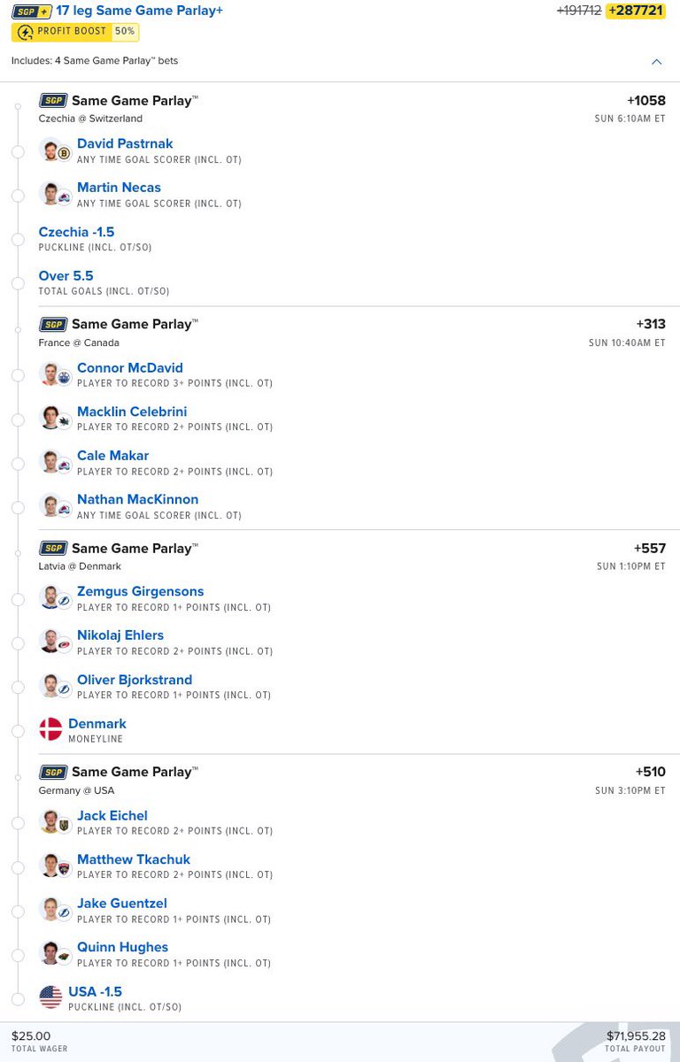 IMAGINE scrolling past this knowing it could change your life 😭🔥

$25 ➡️ $71,955.28 💰

🇨🇿 Pastrnak anytime
🇨🇿 Necas anytime
Czechia -1.5
Over 5.5

🍁 McDavid 3+
🍁 Celebrini 2+
🍁 Makar 2+
🍁 MacKinnon anytime

🇩🇰 Denmark ML
🇱🇻 Girgensons 1+
🇩🇰 Ehlers 2+
🇩🇰 Bjorkstrand 1+

🇺🇸