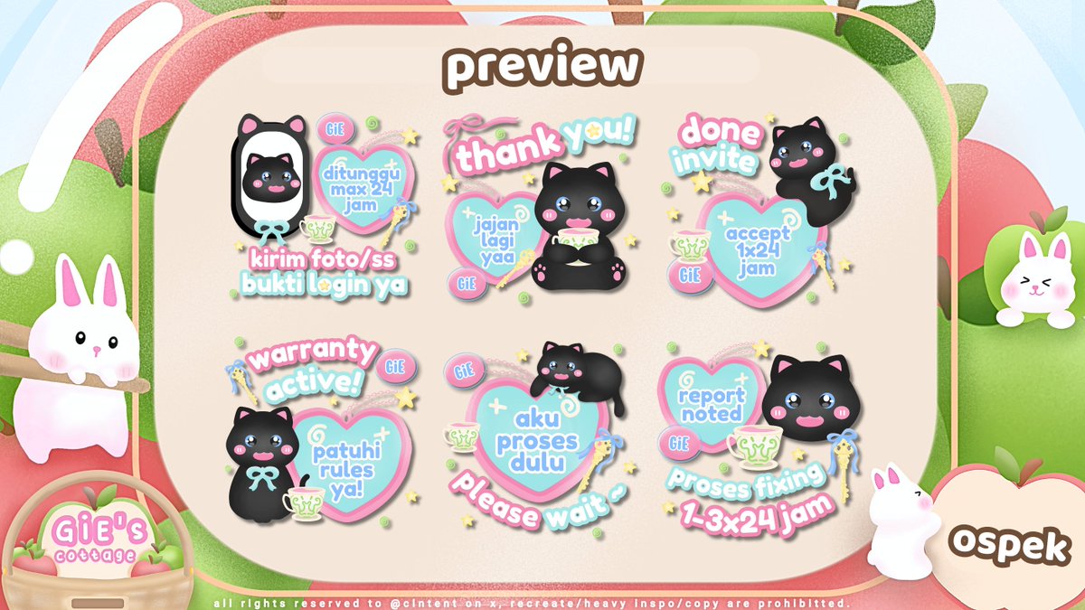 clntent's tweet image. any interact/hype are appreciated ♡

hawoo! GiE bawa 4 katalog sticker pack baru untuk di ospek dan diperkenalkann❄️, apabila tida aman atau ada kesamaan boleh bisikin aku kindly yaa! katalog ini rencananya akan aku ufs nanti malam dgn 8 pack ready hehe, thanks in advance 🐰🥖