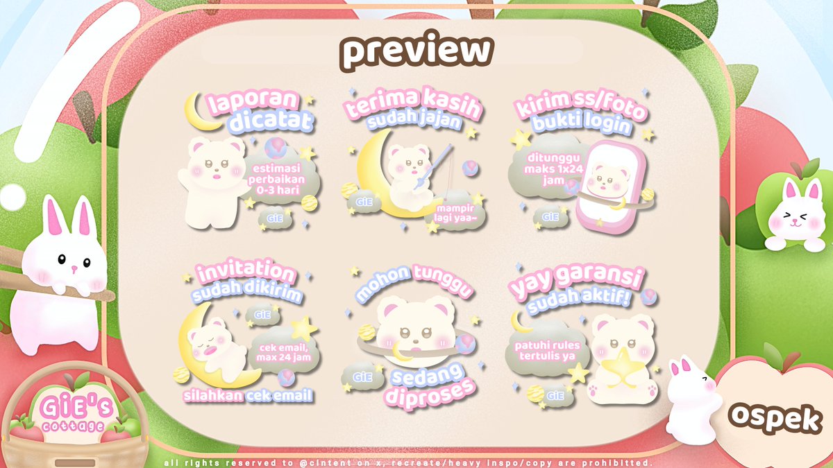 clntent's tweet image. any interact/hype are appreciated ♡

hawoo! GiE bawa 4 katalog sticker pack baru untuk di ospek dan diperkenalkann❄️, apabila tida aman atau ada kesamaan boleh bisikin aku kindly yaa! katalog ini rencananya akan aku ufs nanti malam dgn 8 pack ready hehe, thanks in advance 🐰🥖