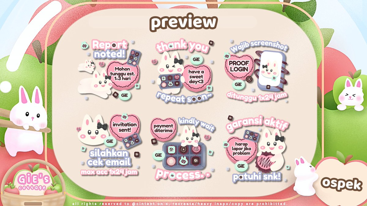 clntent's tweet image. any interact/hype are appreciated ♡

hawoo! GiE bawa 4 katalog sticker pack baru untuk di ospek dan diperkenalkann❄️, apabila tida aman atau ada kesamaan boleh bisikin aku kindly yaa! katalog ini rencananya akan aku ufs nanti malam dgn 8 pack ready hehe, thanks in advance 🐰🥖