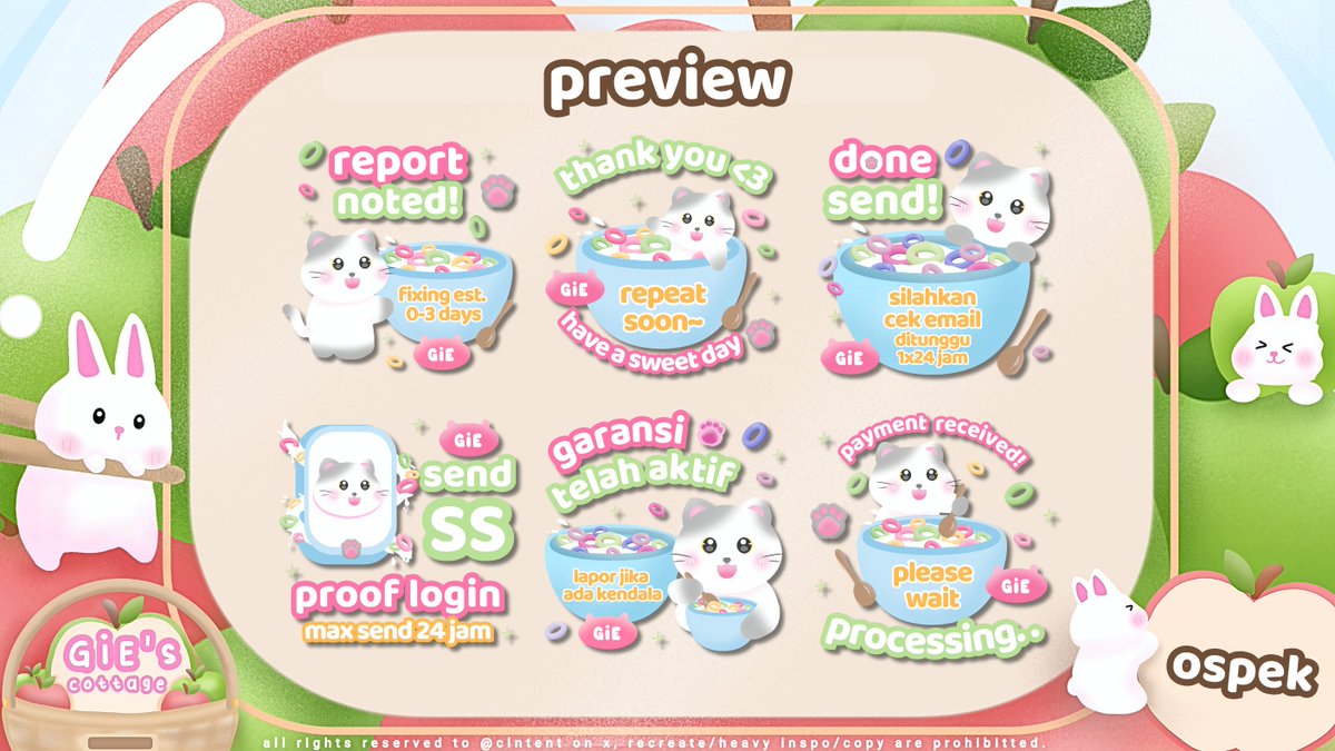 clntent's tweet image. any interact/hype are appreciated ♡

hawoo! GiE bawa 4 katalog sticker pack baru untuk di ospek dan diperkenalkann❄️, apabila tida aman atau ada kesamaan boleh bisikin aku kindly yaa! katalog ini rencananya akan aku ufs nanti malam dgn 8 pack ready hehe, thanks in advance 🐰🥖