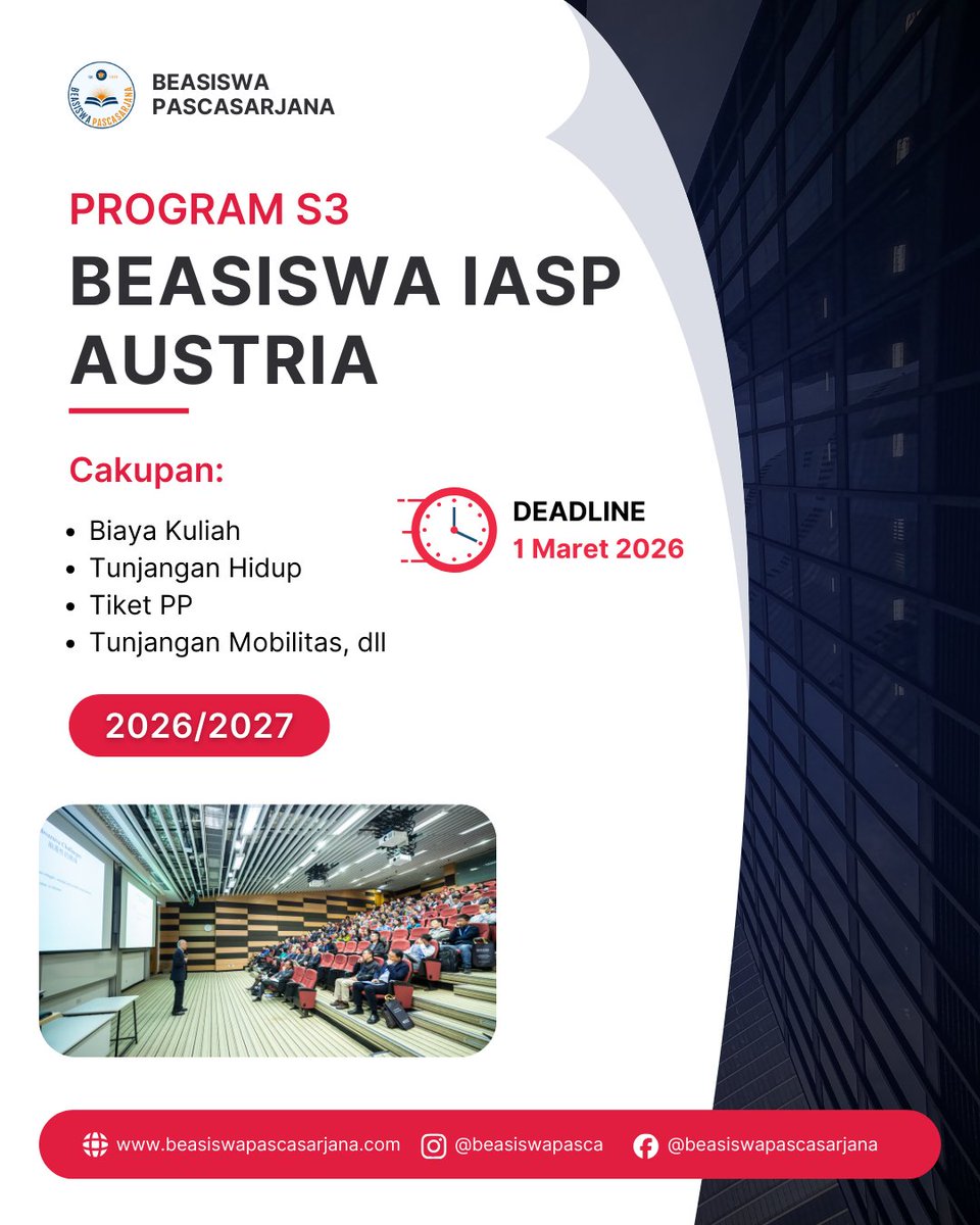 beasiswapasca's tweet image. Beasiswa Dosen Kemdiktisaintek – S3 IASP Austria 2026/2027 resmi dibuka!

Cakupan:
Bebas tuition fee
Tunjangan hidup bulanan
Tiket PP
Tunjangan mobilitas &amp;amp; keluarga

Cara mendaftar » beasiswapascasarjana.com/2017/02/beasis…

#beasiswa #dosen #IASP #austria