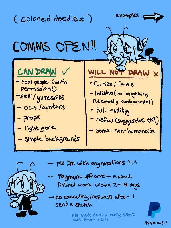 scridie's tweet photo. opening cms for colored doodles w minimal shading cuz im unemployed u_u

(per character) $27 usd for half body and $35 for full !! please dm me here if interested. thank u https://t.co/4p6KIBsNax