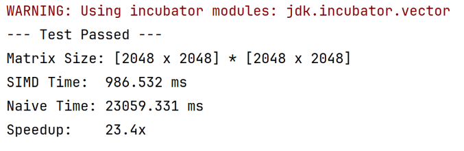SSarkar2007's tweet photo. Can Java handle DL math without heavy native wrappers? ☕️⚡️

Implementing models from scratch &amp; benchmarked a SIMD Matrix class (built using JDK Incubator Vector API) vs. naive loops.

Benchmark (2048x2048):
🔴 Naive: 23s
🟢 SIMD: 0.9s

23x faster. Pure Java. 🤯 https://t.co/jTGfXVrEuZ