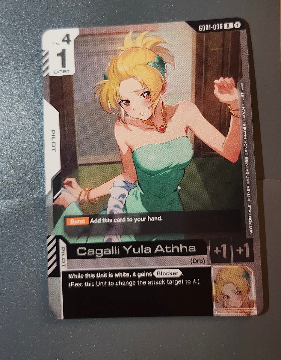 I’m super excited. I managed to obtain a promo version of Cagalli out of one of my Last Chance Qualifier participation packs and it’s by my favorite artist for the Gundam Card Game Malo!