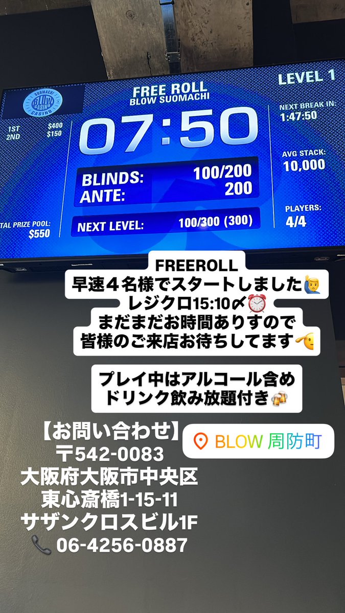 FREEROLL
4名様でスタートいたしました✨
レジクロ15時10分⏰🌟

プレイ中はアルコール含め
ドリンク飲み放題🍻

プライズ
店内のカジノゲームやトナメエントリーに使えるハウスチップ$550保証💰💰
《$50→¥1,000-として使えます》
⚠️入場料のお支払いには使えません