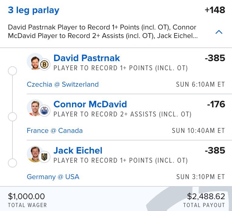 WHO sells this 😭🔥

$1,000 ➡️ $2,488.62 💰

🇨🇿 David Pastrnak 1+ point
🇨🇦 Connor McDavid 2+ assists
🇺🇸 Jack Eichel 1+ point

Tell me which leg you’re sweating 👀