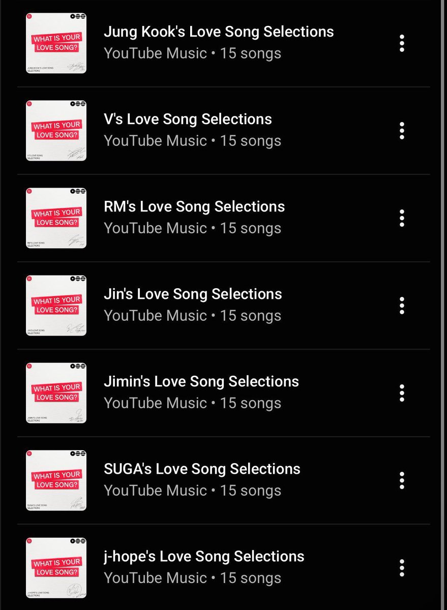 [📰 𝐍𝐄𝐖𝐒] 

#BTS Members Love Song Selections Playlist on Youtube Music ♥ 

🎵 RM (music.youtube.com/playlist?list=…)

🎵 Jin (music.youtube.com/playlist?list=…)

🎵 SUGA (music.youtube.com/playlist?list=…)

🎵 j-hope (music.youtube.com/playlist?list=…)

🎵 Jimin (music.youtube.com/playlist?list=…)

🎵 V