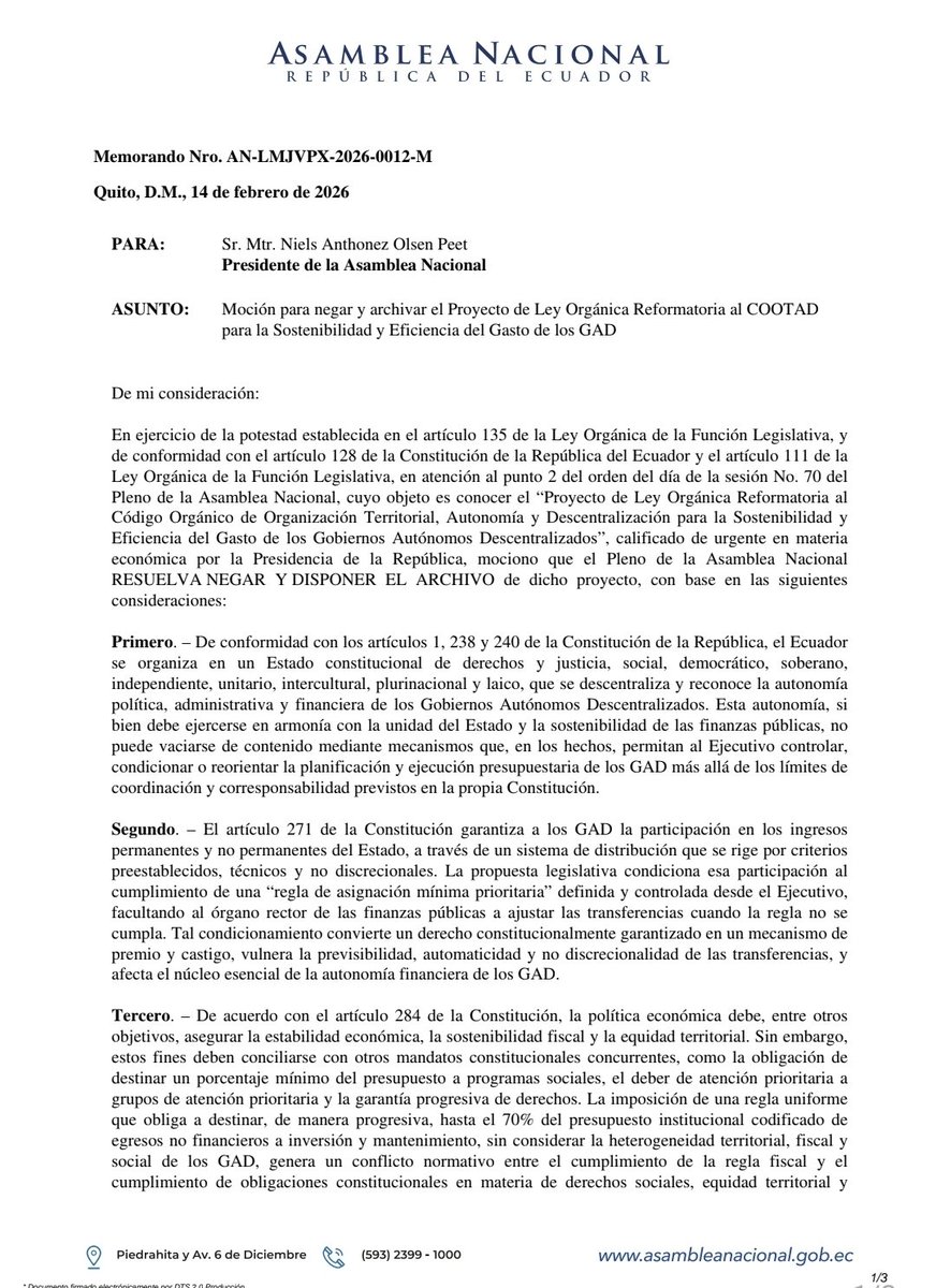 XavierLassoM's tweet photo. #CarnavalazoDeNoboa

En el marco del debate legislativo, hemos presentado una moción que pide el archivo del proyecto económico urgente que reforma al COOTAD por inconstitucional, por atentario a las autonomías y porque en el fondo pretende licuar la deuda que mantiene el Ejecutivo con los GAD.