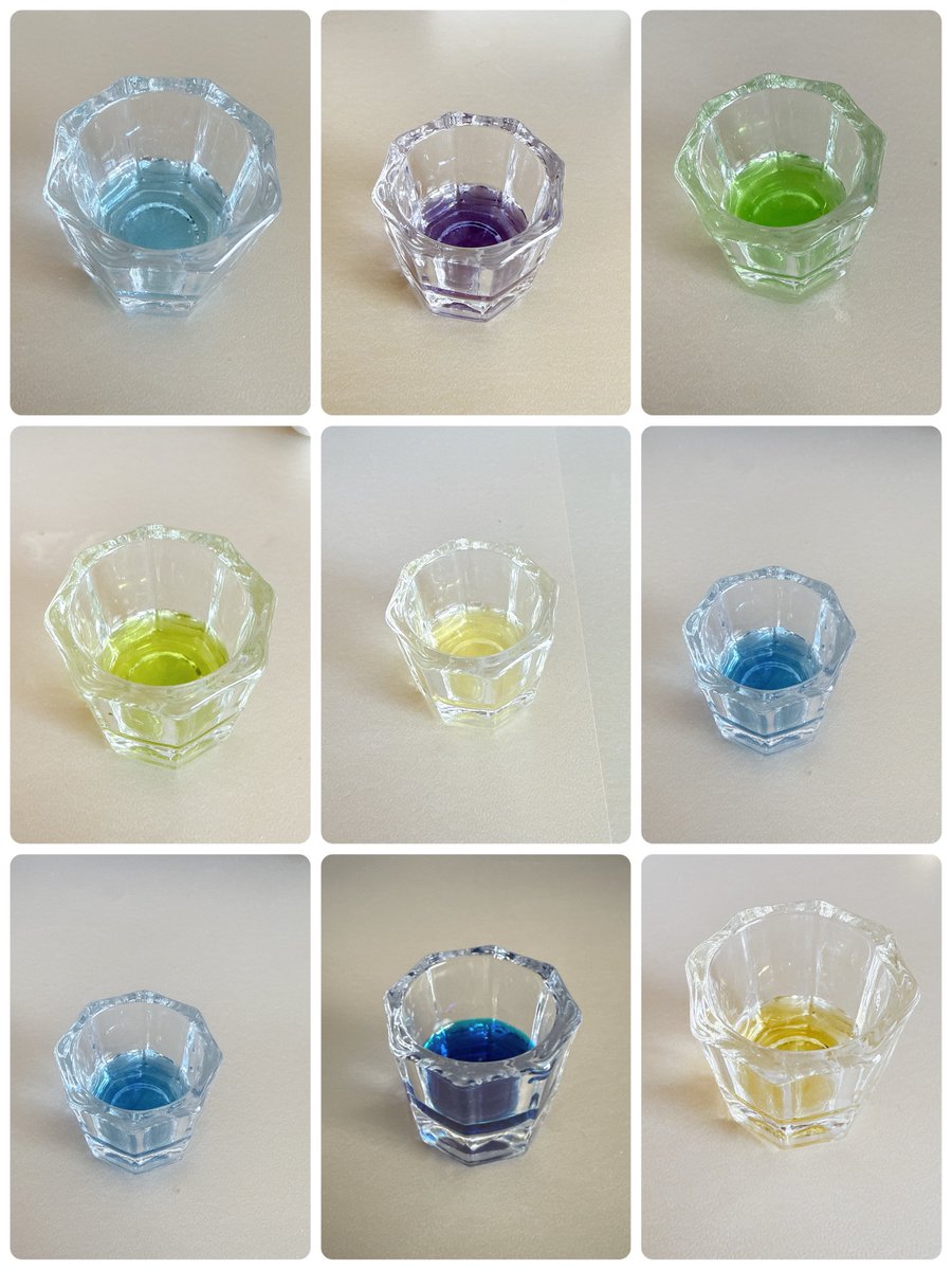 モーニングページで使ったインクの、記録の一部。並べたら宝石みたいかな？と思って撮り始めました📸
（ペンを洗浄した後の水）