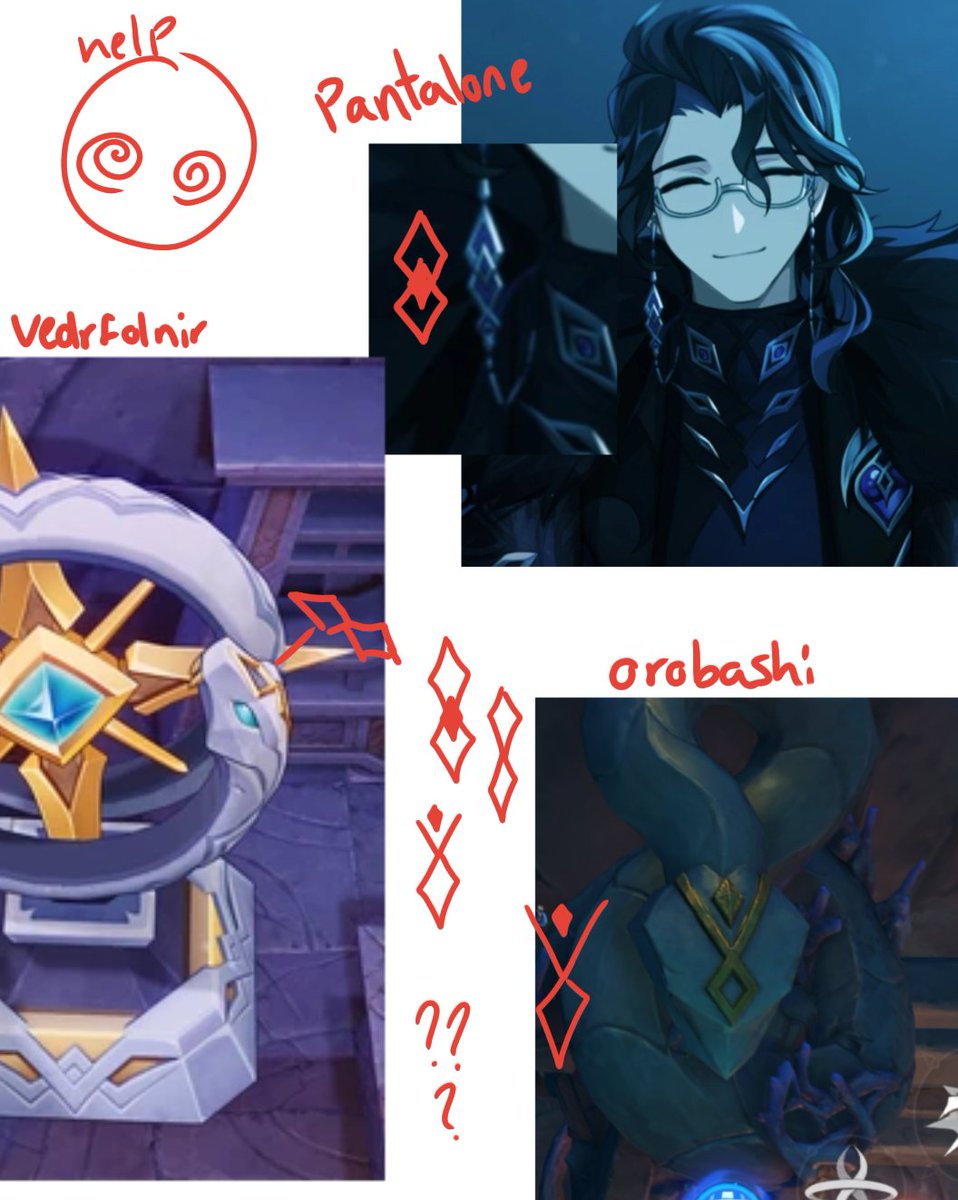 N0tSane_'s tweet photo. I genuinely think im losing my mind at this point 
Someone say im not the only one
Surely theres a connection here

#pantalone #vedrfolnir #orobashi #genshin https://t.co/NB0jZ88lR4
