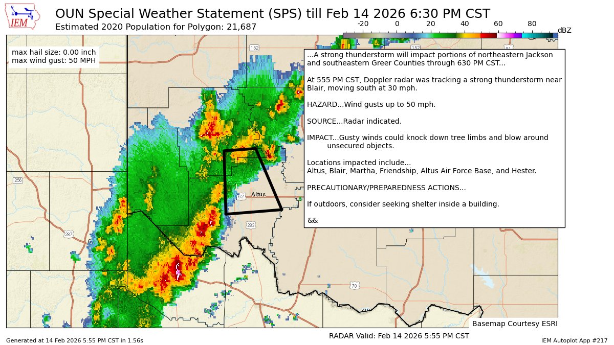 ScannerSGP's tweet image. A strong thunderstorm will impact portions of northeastern Jackson and southeastern Greer Counties through 630 PM CST [wind: 50 MPH, hail: 0.00 IN] mesonet.agron.iastate.edu/p.php?pid=2026…