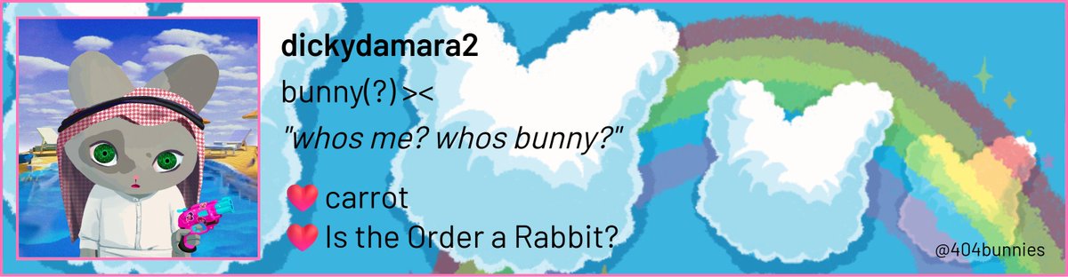 Check out my Glitchy Bunnies profile!
Name: dickydamara2
Role: bunny(?) ><
"whos me? whos bunny?"