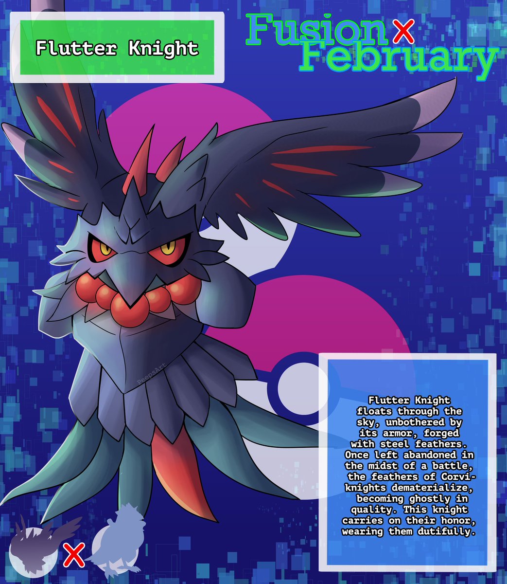 Peepsicola1's tweet photo. Fusion February (2026) - #14: Flutter Knight #FusionFebruary #FusionFebruary2026 #pokemon #pokemonfusion #pokefusion #drawingchallenge #artchallenge #fakemon #fluttermane #corviknight https://t.co/wic1nwwcF6