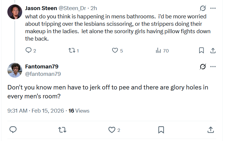 Men seem to have very strange fantasies about what happens in both male and female toilets.
