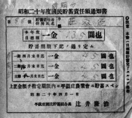 日本植民地政府は1937年から「支那事変貯蓄債券」を年々発行し、台湾の