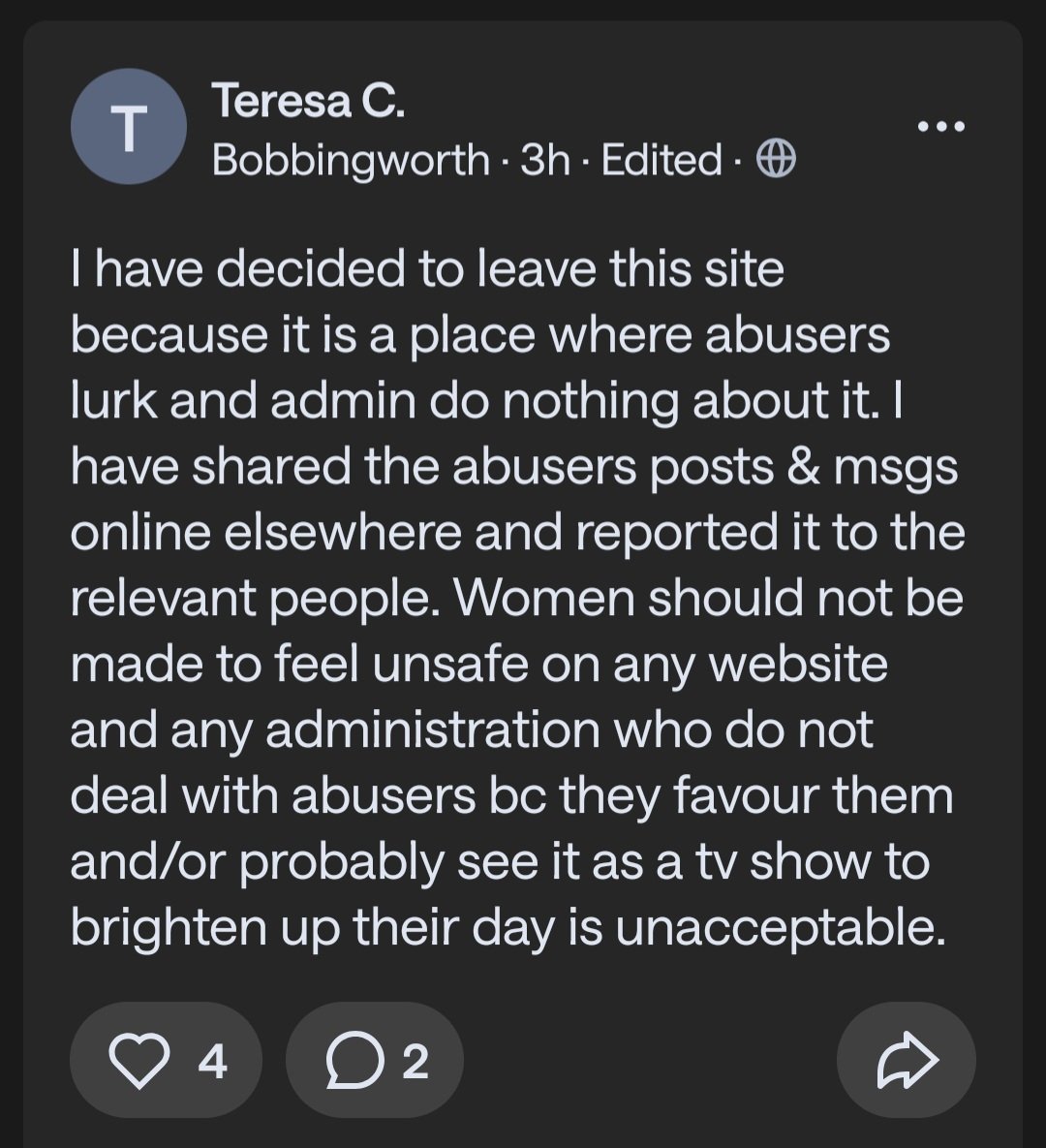 Hightower454246's tweet photo. @Teresacooper She claimed she was going to leave because of abuse, but stayed on the site for some strange reason. If you so scared of a so called stalker or abuser, why stay on a site to then be banned. This is proof Teresa has mental health problems, but doesn't want help for it. Strange!!! https://t.co/TkllALFChw