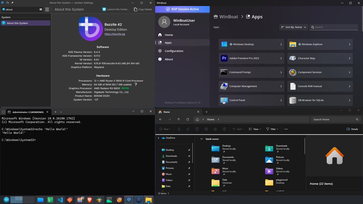 LinuxでAdobe・Officeを使いたい人に朗報。
WinAppsとWinBoatが、裏でWindows VMを動かしてRDP経由で個別アプリだけをLinuxデスクトップに表示する仕組みを提供している。

WinAppsは柔軟だがセットアップに丸1日。WinBoatは30分で動くが細かな制御は効かない。