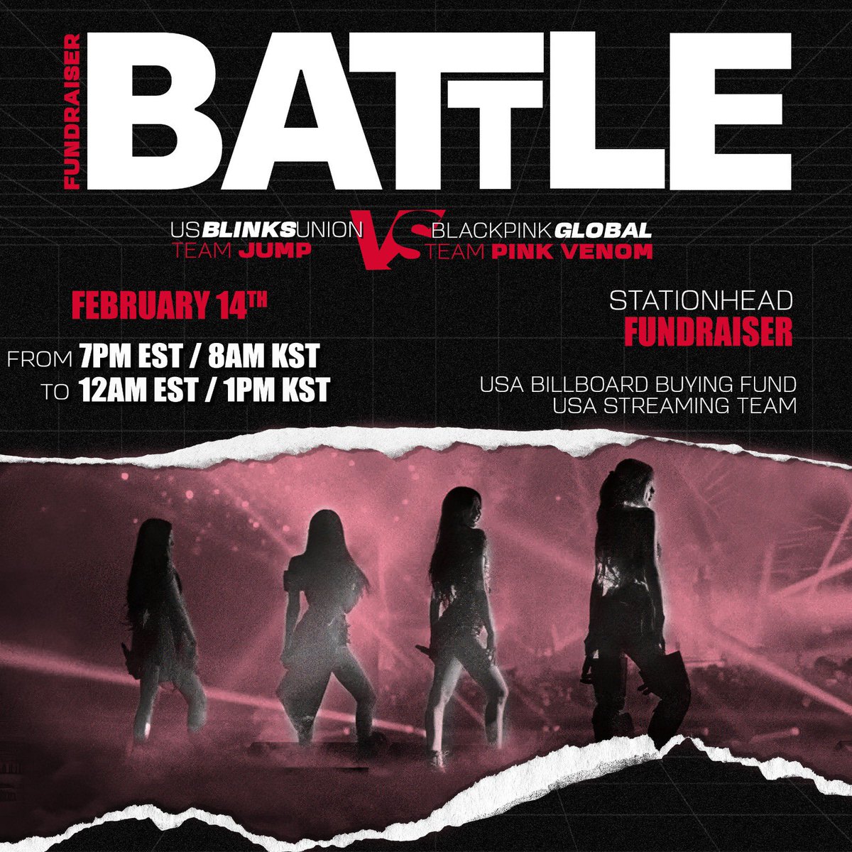 USBU4WAYS's tweet image. #DEADLINE DONATION BATTLE!

TEAM #PinkVenom are you ready?! 🏃‍♀️💨

Please join us now for this Donation Battle against Team #JUMP (@BLACKPINKGLOBAL ) by donating to our USA Fund &amp;amp; heading to our STATIONHEAD fundraising event to support @BLACKPINK’s upcoming release in the United
