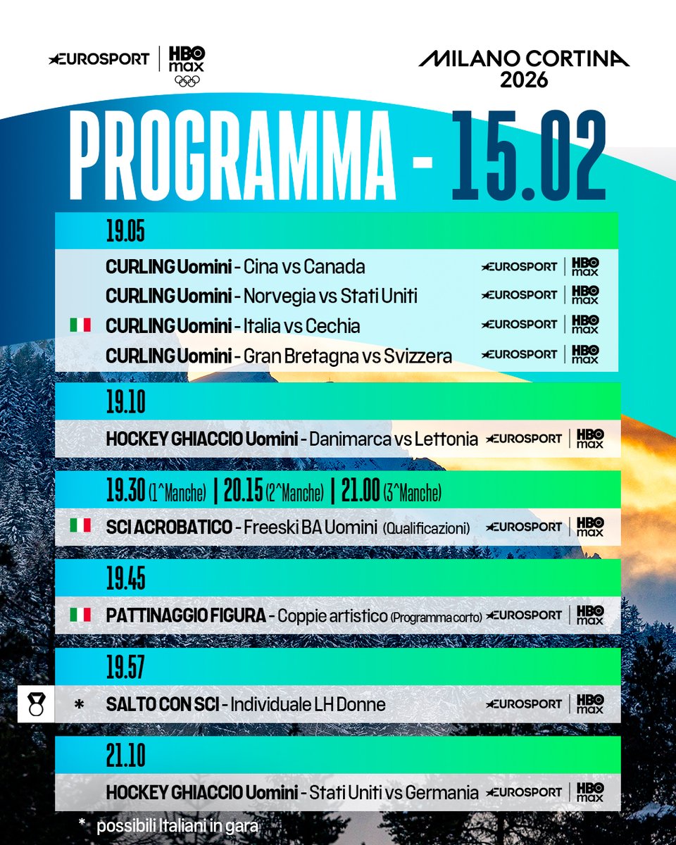 📆 Day9 tutto da vivere! 💥🍿

Segui le Olimpiadi Invernali di Milano-Cortina 2026 live su <a href="/discoveryplusIT/">discovery+ Italia</a> e <a href="/hbomaxit/">HBO Max Italia</a> 🇮🇹❄️

#MilanoCortina2026 #Olimpiadi #Olympics