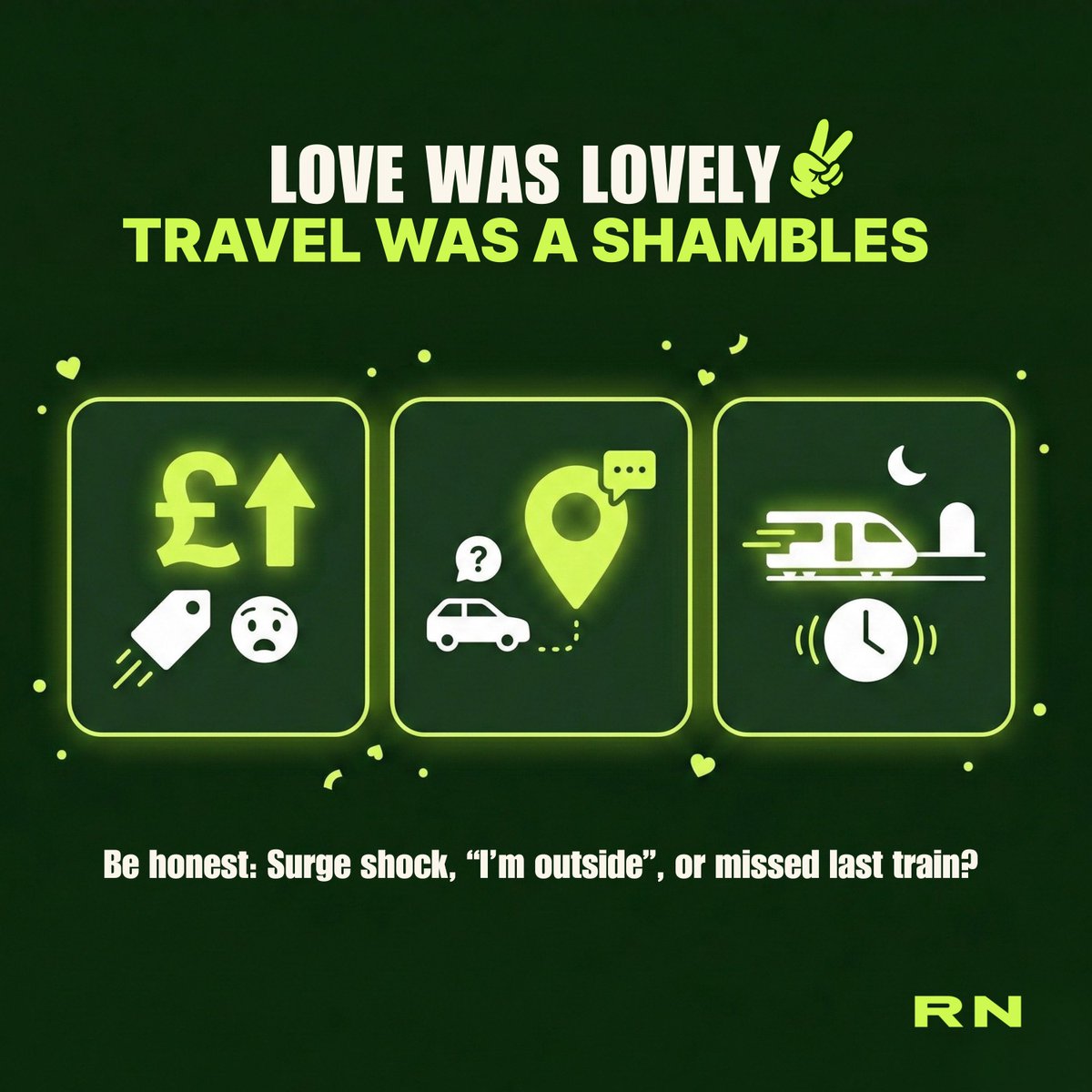 ridenear's tweet photo. If Valentine’s went well, lovely. If the travel didn’t, you’ve got a story.

So what was it: surge shock, “I’m outside” (they absolutely weren’t), or the classic missed last train?

#WeekendVibes #CityLife #GettingAround #TravelDrama #RideNear https://t.co/VS9RI6GJlD
