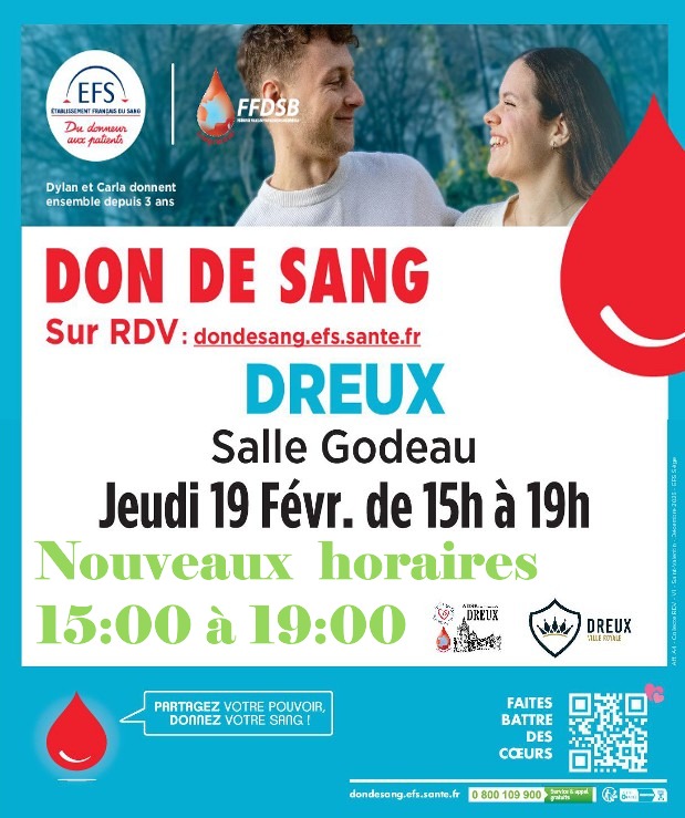 Collecte de Sang à DREUX ce jeudi 19 février 26 🩸 Prise de rdv dondesang.efs.sante.fr/trouver-une-co… ou 0800 109 900 (appel gratuit) 🩸 Merci pour votre générosité à la salle Godeau 📣 📣entre 15:00 et 19:00 NOUVEAUX HORAIRES📣  📣📣
