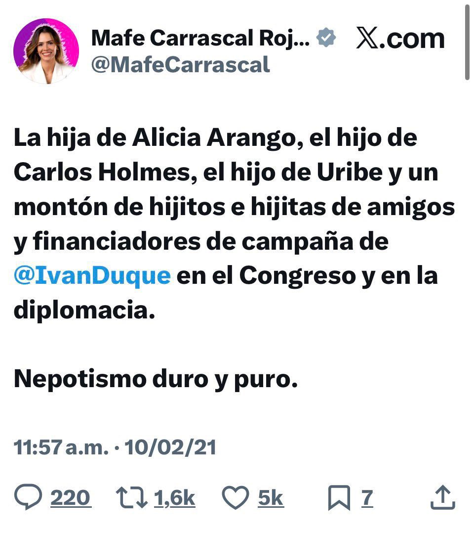 dmarcordoba's tweet photo. A María Fernanda Carrascal le gusta el nepotismo cuando lo ejercen sus amigos de izquierda. Porque si otro se atreve, recibe su rechazo. 

Relativismo moral absoluto. https://t.co/KedKUkZBol