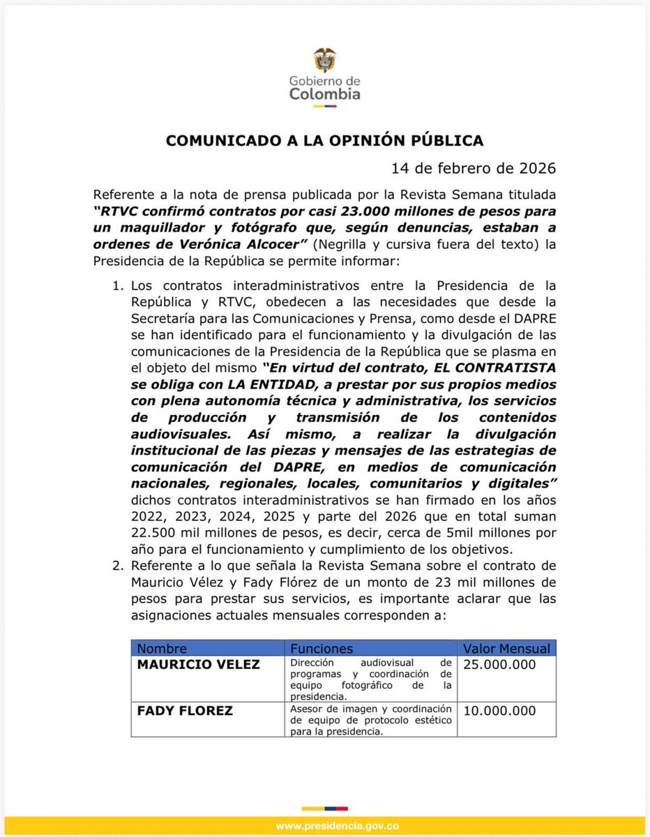infopresidencia's tweet photo. Frente a la nota de prensa publicada por la Revista Semana titulada "RTVC confirmó contratos por casi 23.000 millones de pesos para un maquillador y fotógrafo que, según denuncias, estaban a ordenes de Verónica Alcocer", @infopresidencia aclara: https://t.co/CFFKRwHcXN