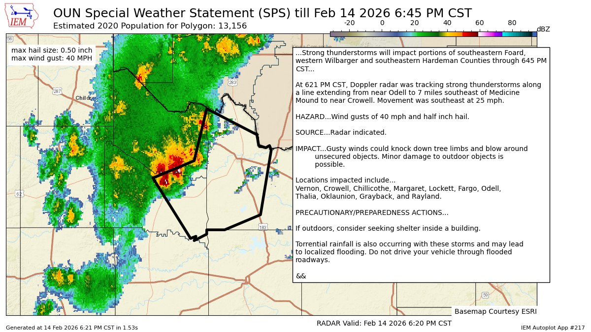 ScannerSGP's tweet image. Strong thunderstorms will impact portions of southeastern Foard, western Wilbarger and southeastern Hardeman Counties through 645 PM CST [wind: 40 MPH, hail: 0.50 IN] mesonet.agron.iastate.edu/p.php?pid=2026…