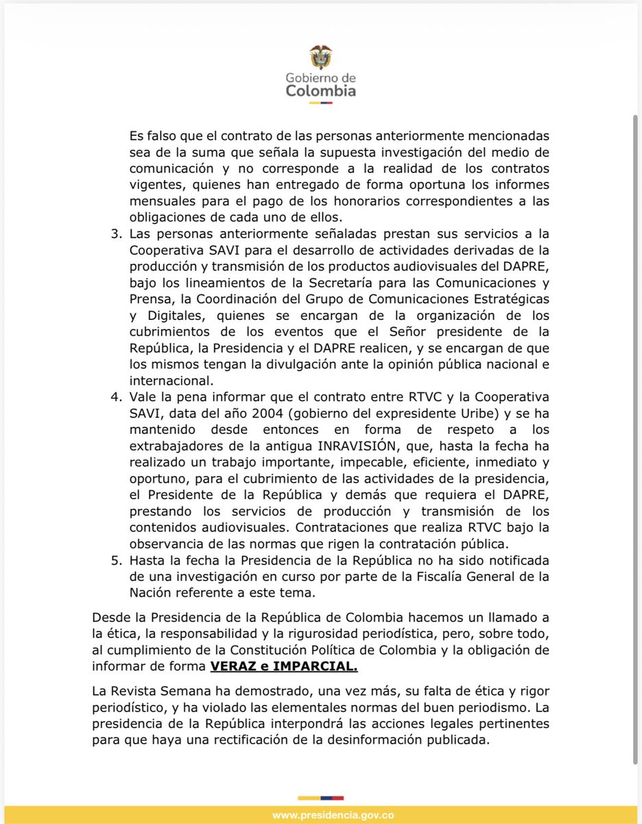 AndresCamiloHR's tweet photo. Comunicado de la Presidencia de la República a la opinión pública, frente a la nota de la @RevistaSemana https://t.co/X2mw1nCTfX