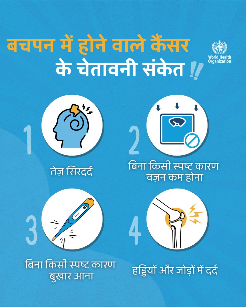 हर साल, लगभग 400,000 बच्चों और किशोरों में कैंसर का पता चलता है.

सबसे आम प्रकार के कैंसर में ल्यूकीमिया, मस्तिष्क का कैंसर, लिम्फोमा और ठोस ट्यूमर शामिल हैं.

बचपन में होने वाले कैंसर के जागरुकता दिवस पर इनके संकेत और लक्षणों के बारे में <a href="/WHO/">World Health Organization (WHO)</a> से और जानें: who.int/news-room/fact…