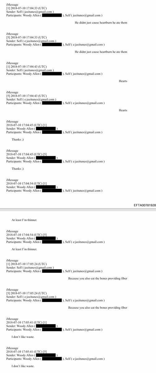 🚨OMG!! What the actual hell is this iMessage from the Epstein files? July 2018 thread with Woody Allen:

"He didnt just cause heartburn he ate them"  
"Hearts"  
"At least I'm thinner."  
"Because you also eat the bones providing fiber"  
"I don't like waste."

They're joking