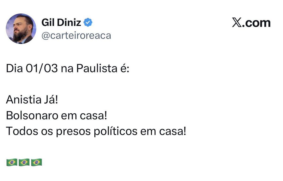 - Posta: "Fora Lula, Moraes e Toffoli"
- Toma comida de rabo do cacique.
- Fica com medinho e apaga o tweet.
É esse o pessoal que promete salvar o país, tá ok?

A única coisa que une a direita de verdade é o combate aos ministros do STF. Mas em vez de focar nisso, a base oficial