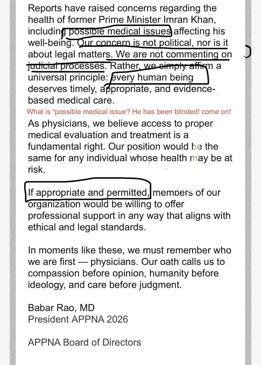Dear <a href="/APPNA/">Assoc. of Pakistani Physicians of North America</a>

Accept my criticism and disappointment for writing such a vague, generic and homeopathic condemnation of the ill-treatment  with Imran Khan. I understand that you are an NGO but you must have understood as well that you were writing about the founder of one of the