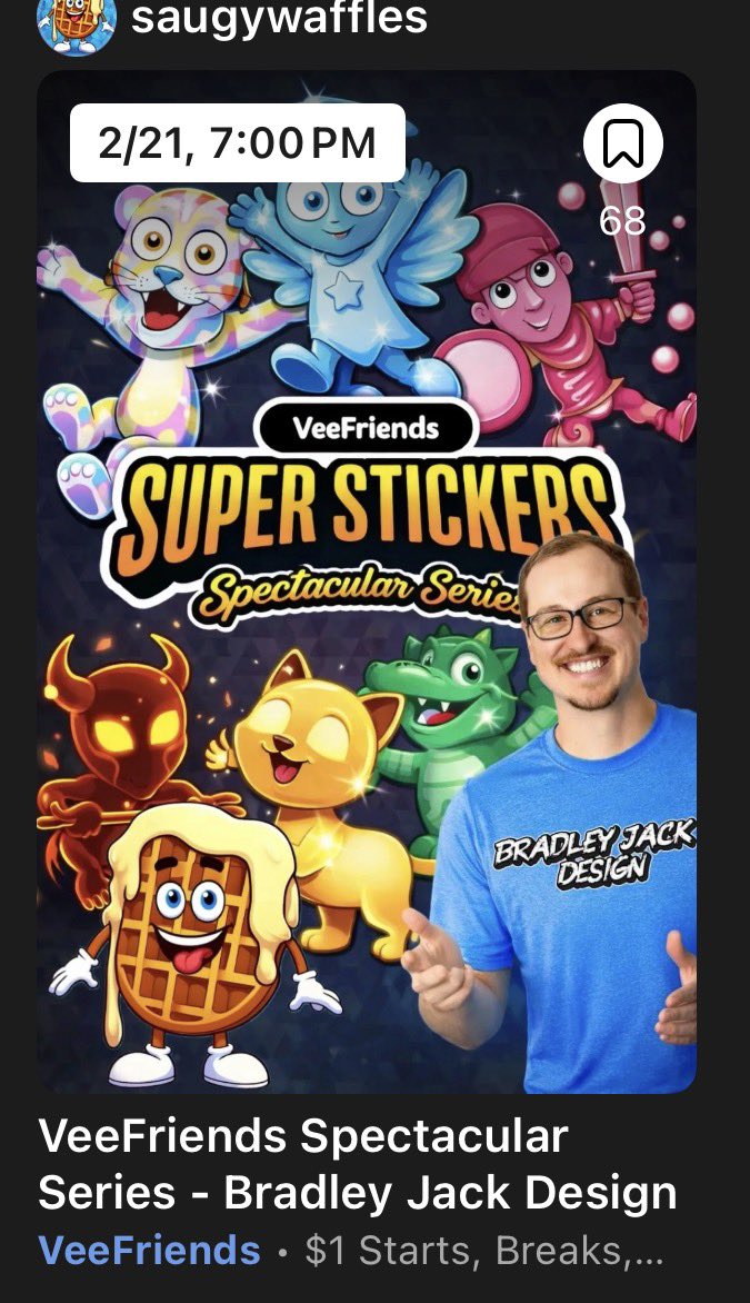 Saturday, February 21st my first <a href="/veefriends/">VeeFriends</a> Spectacular Series Stickers case breaks. 

Get to know the man behind the design. <a href="/BradleyJackDsgn/">Brad Lefeld</a> will be live with us as we rip this new product.

Bookmark and I’ll see you then

Link is in reposted tweet