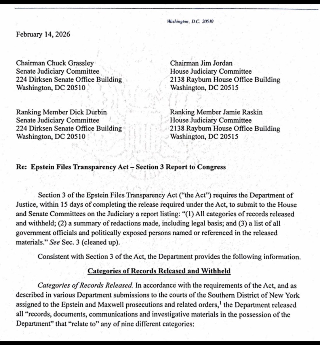 🇺🇸¡ATENCIÓN! 

La fiscal general Pam Bondi acaba de anunciar que el Departamento de Justicia ha liberado todos los archivos de Epstein, cumpliendo al 100% con la Ley de Transparencia de Archivos de Epstein.

-Se justificaron todas las redacciones  
-Se enumeraron los nombres de