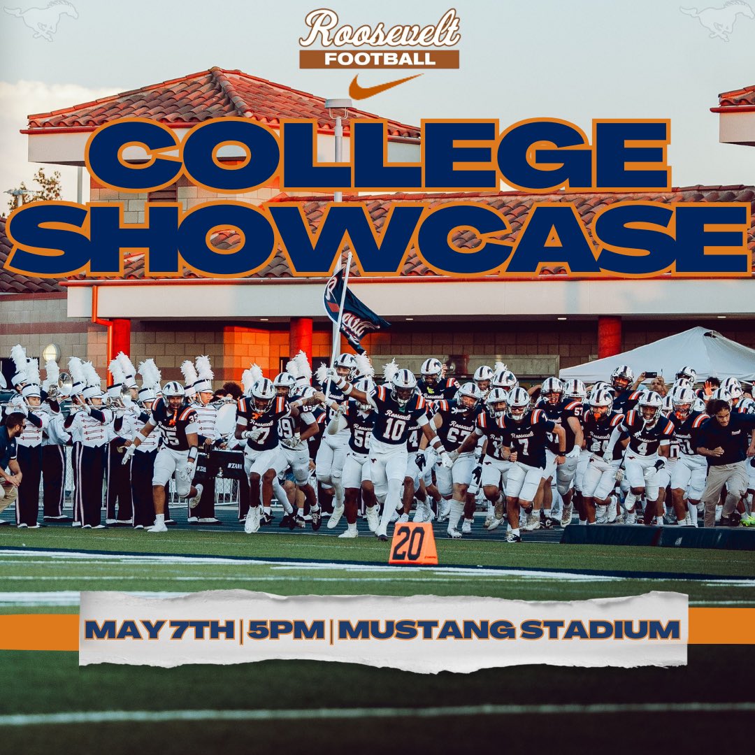Roosevelt Mustangs Football will have their Spring College Showcase on Thursday May 7th at 5PM in Mustang Stadium!