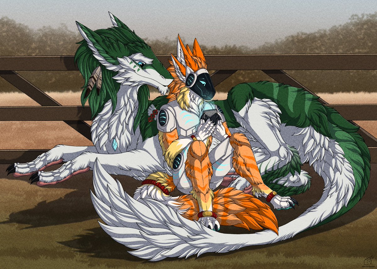 Running around is fun and all, but sometimes you just gotta get cozy against your quadruped sergal friend and watch silly videos on your phone.

They drew both of those fluffers wonderfully. Maybe the cat dragon will be next.

Art by the lovely @/FeatheredDiva
