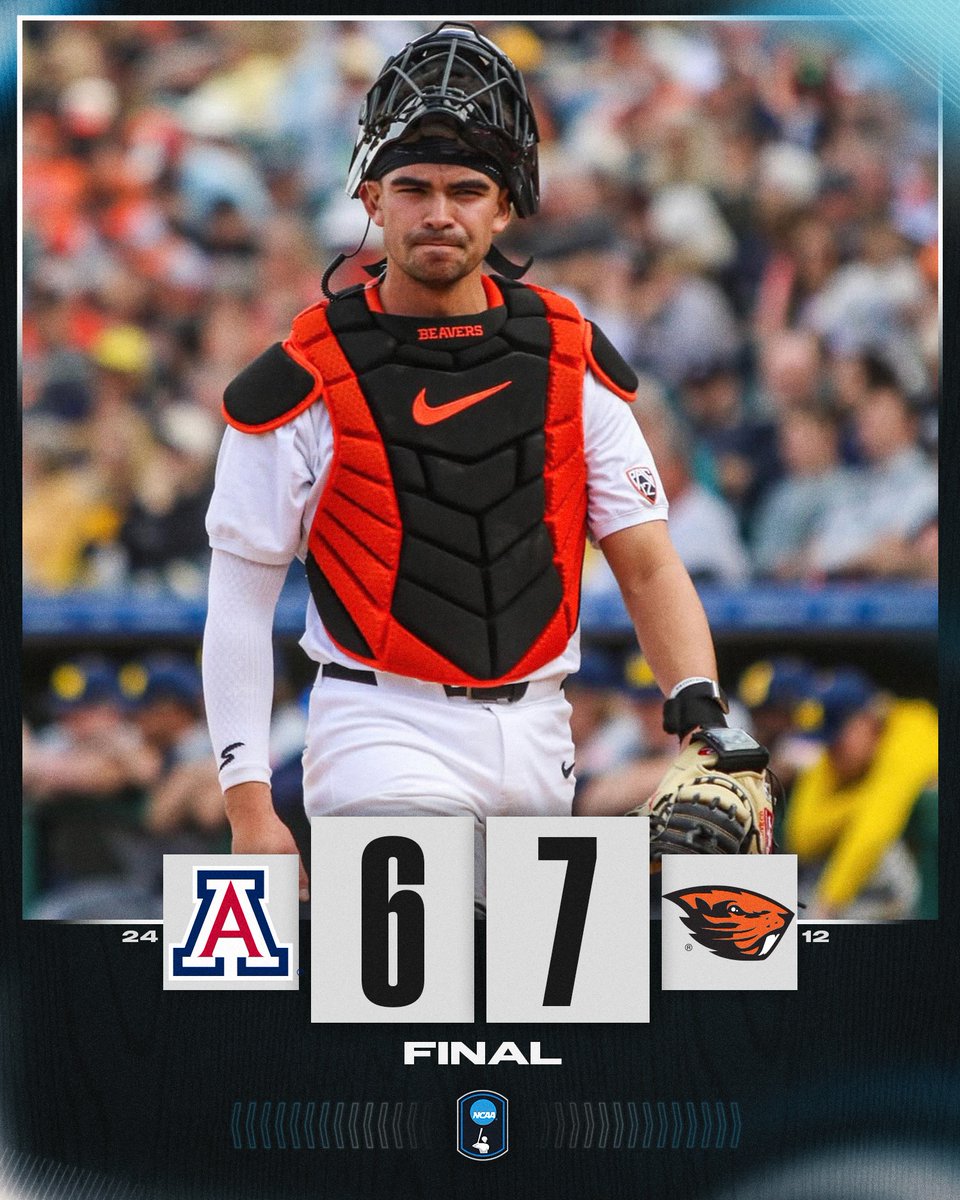 NCAABaseball's tweet photo. Beaver dub 😮‍💨

No. 12 @BeaverBaseball gets the win, 7-6, over No. 24 Arizona!

#NCAABaseball https://t.co/iadDsJTaNh