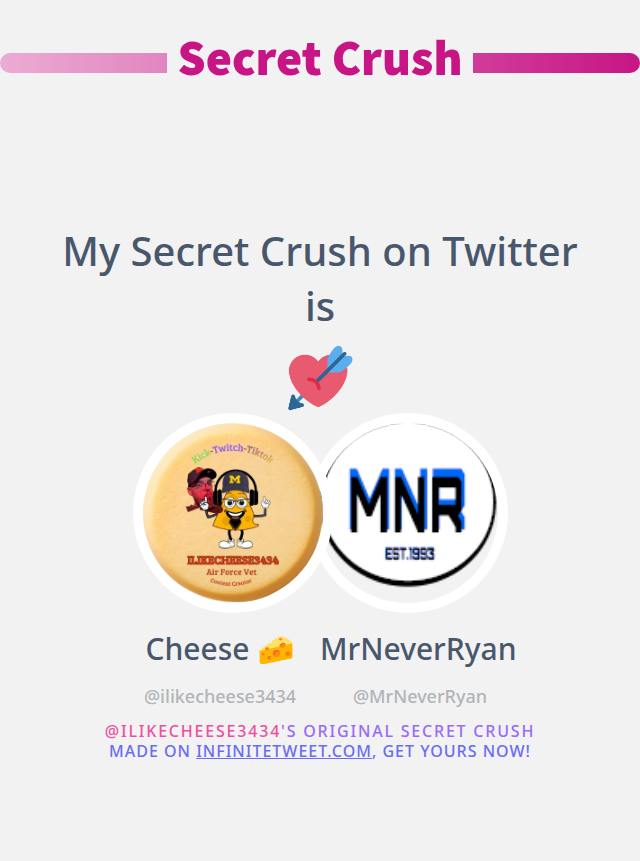 My Secret Crush on Twitter is <a href="/MrNeverRyan/">MrNeverRyan 🧛‍♂️</a>

➡️ infinitetweet.me/secret-crush