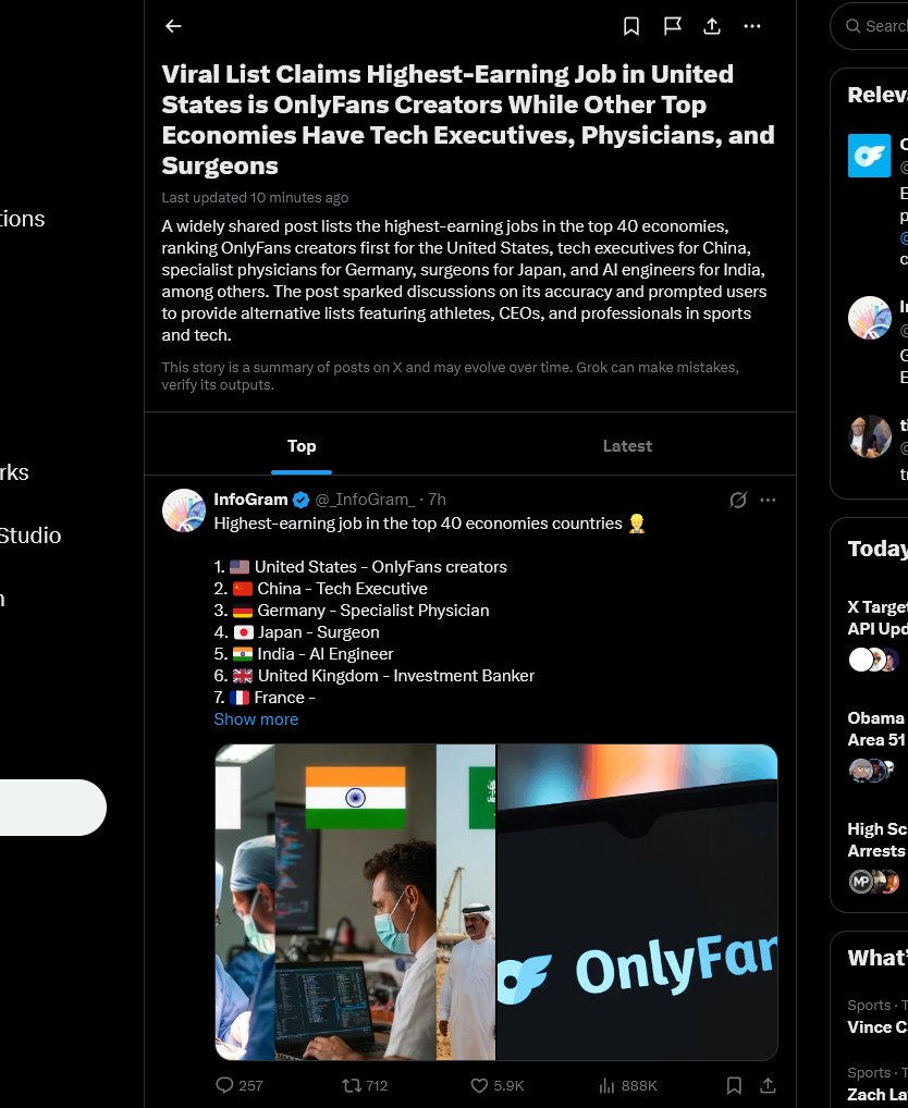 amazingdev02's tweet image. I just found an INSANE NARRATIVE

The Highest Paid Job in the US is now ONLYFANS

It's already trending on X too, 
x.com/i/trending/202…