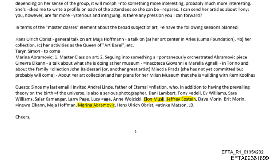From the Epstein files.

Did <a href="/elonmusk/">Elon Musk</a> attend this event with Jeffrey Epstein and Marina Abramovic who were all on John Brockmans guest list? 👀