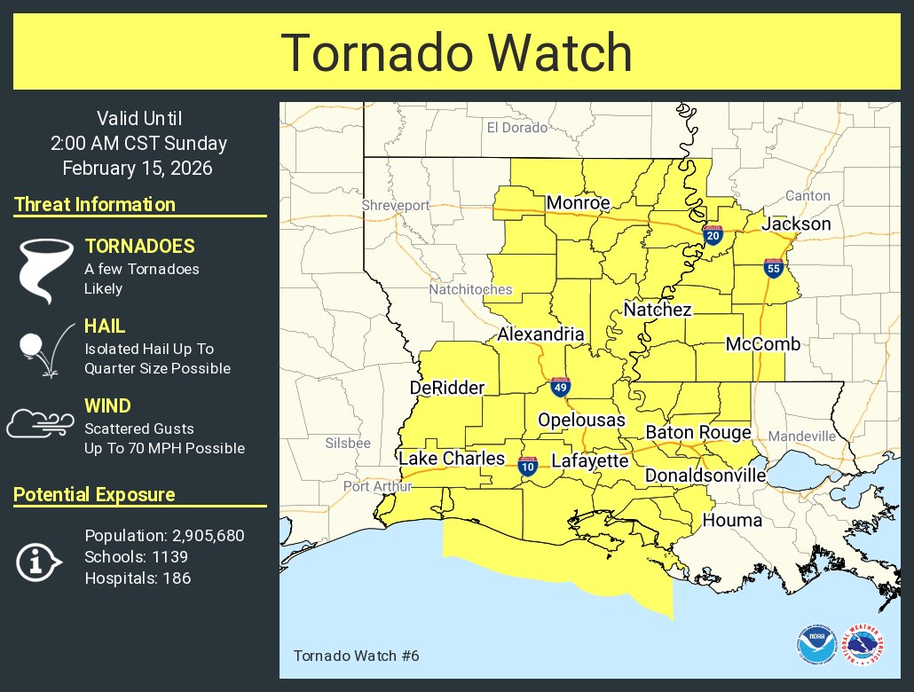 A tornado watch has been issued for parts of Louisiana and Mississippi until 2 AM CST