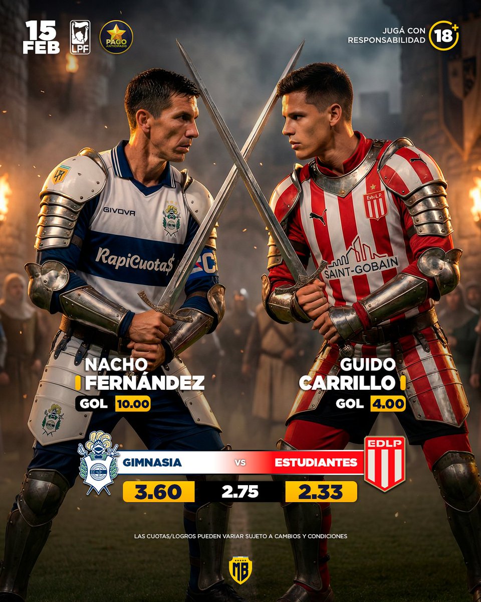🏆 #TorneoApertura2026
⚽ Gimnasia 🆚 Estudiantes
⏰ 17:00
🏟️ Juan Carmelo Zerillo
🔥 Nacho Fernández — CUOTA GOL 10.00
🔥 Guido Carrillo — CUOTA GOL 4.00
⭐ Pago anticipado activado 🟢
📺 Miralo en vivo en:
 mb365.pro/PIBES +18.