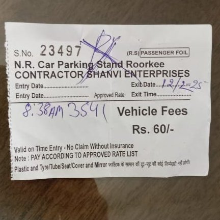 Toe_ney's tweet photo. Receipts are torn and given to users, such that nobody can see the approved rate list. Actually, Rs.60 is the parking charge for 24 hours, but this is the amount asked for parking for even 10 minutes. Please take action. @JMRoorkee @RailwaySeva @RailwayNorthern @RailMinIndia https://t.co/7lCkZXMD5H