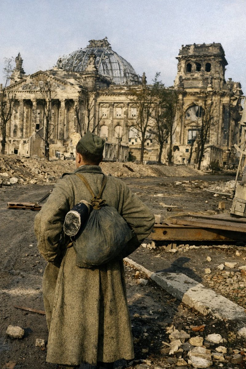 Red Army soldier looking at the destroyed Reichstag building, Berlin , May 1945.