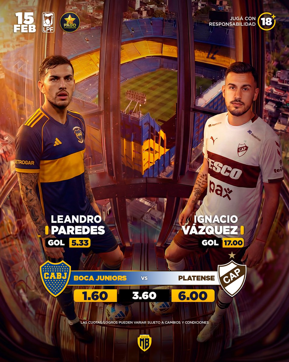 🏆 #TorneoApertura2026
⚽ Boca 🆚 Platense
⏰ 19:30
🏟️ La Bombonera
🔥 Leandro Paredes — CUOTA GOL 5.33
🔥 Ignacio Vázquez — CUOTA GOL 17.00
⭐ Pago anticipado activado 🟢
📺 Miralo en vivo en:
 mb365.pro/PIBES +18.