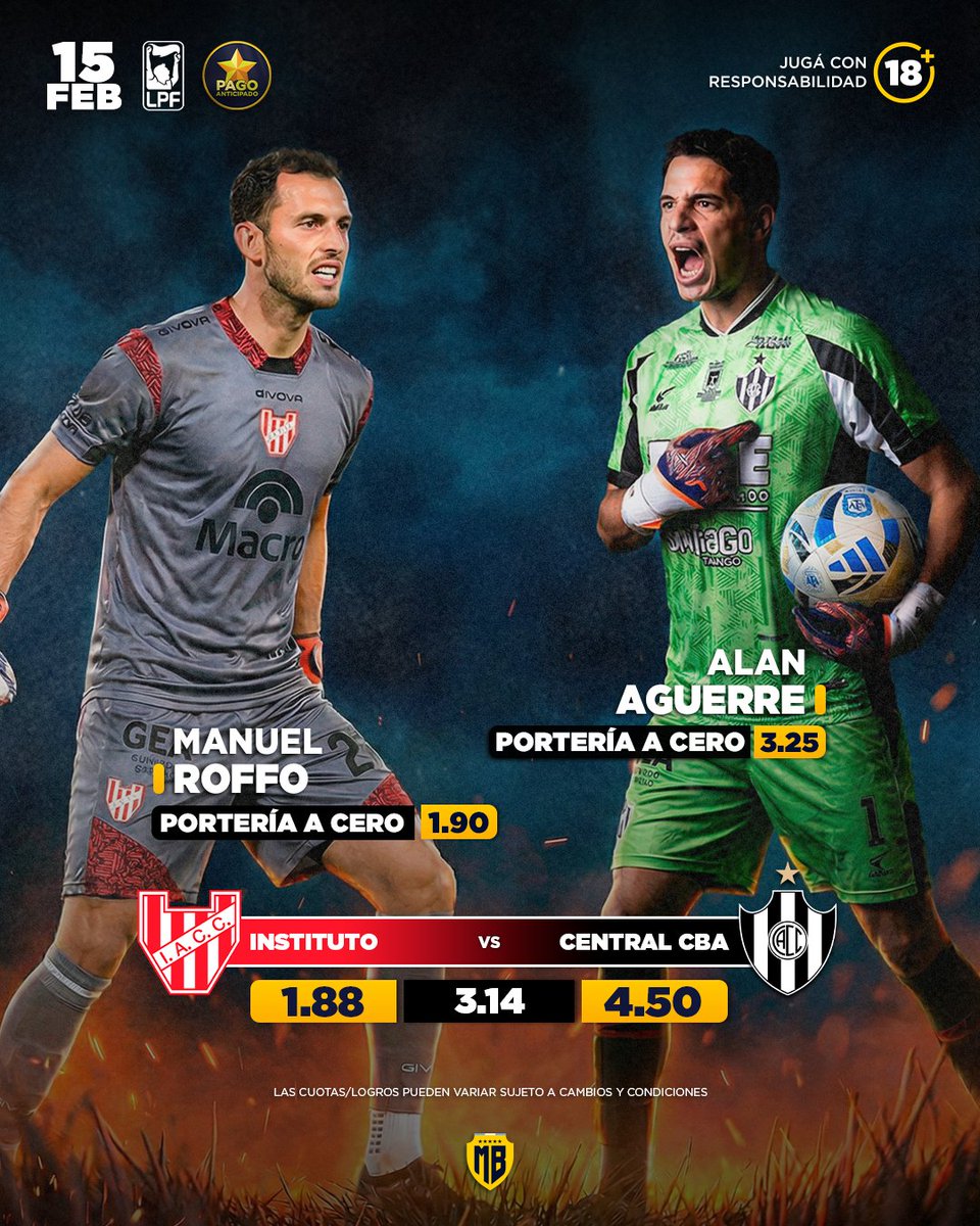 🏆 #TorneoApertura2026
⚽ Instituto 🆚 Central Córdoba
⏰ 22:00
🏟️ Monumental de Alta Córdoba
🔥 Manuel Roffo — PORTERIA A CERO 1.90
🔥 Alan Aguerre — PORTERIA A CERO 3.25
⭐ Pago anticipado activado 🟢
📺 Miralo en vivo en:
 mb365.pro/PIBES +18.
