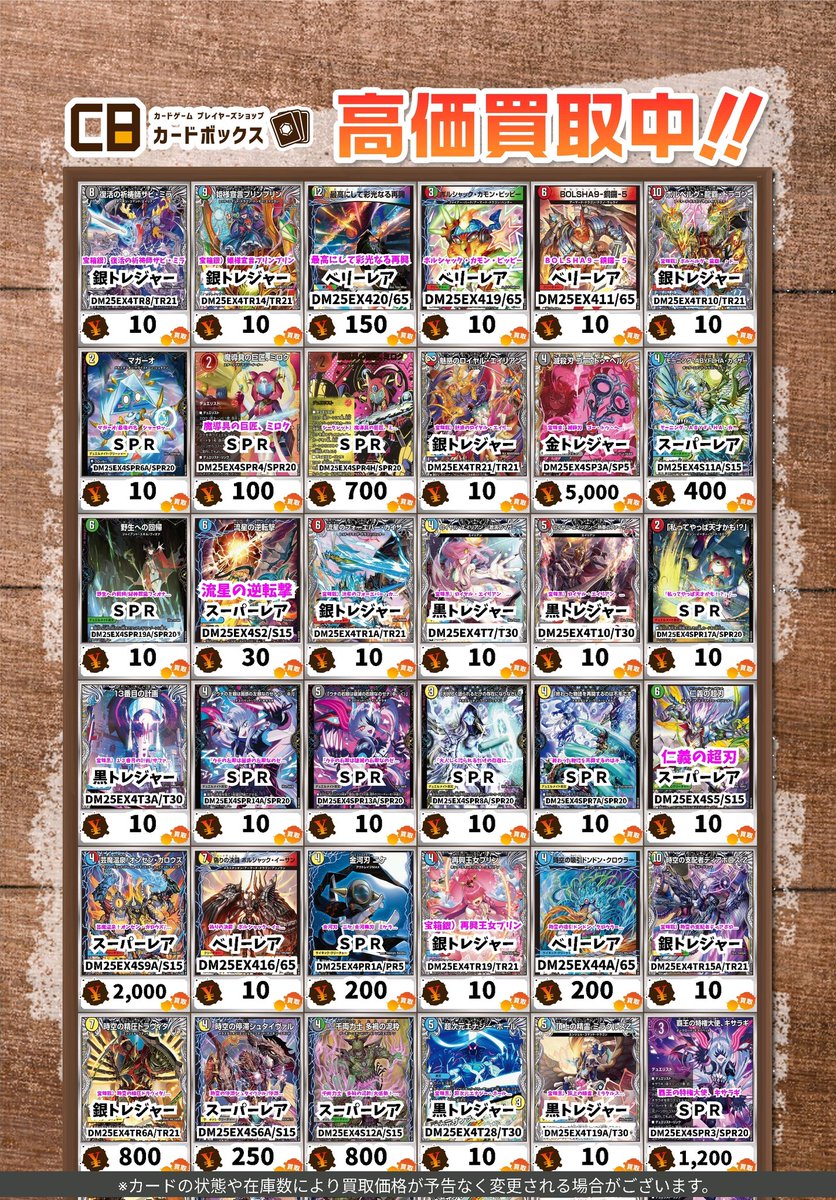 デュエマ新弾パンドラウォーズの買取表です