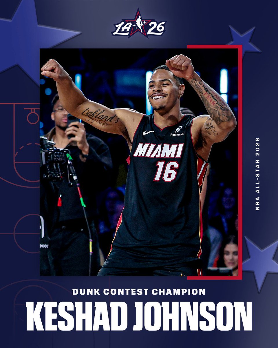 SportsTectician's tweet image. KESHAD JOHNSON CROWNED 2026 SLAM DUNK CHAMPION 🏆
Running windmill to close it out.
Heat forward takes the @ATT Slam Dunk title with pure power and flair.
New king in the dunk game. 🔥
#KeshadJohnson #SlamDunkChampion #NBAAllStar